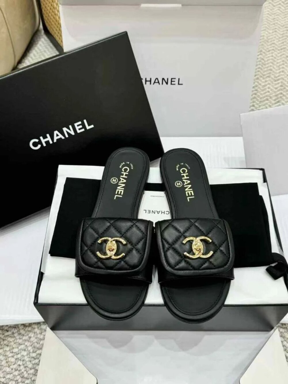 Chanel CC quilted sandals